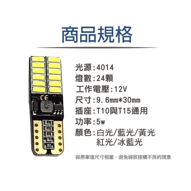 4014高亮版 24SMD白光/黃光/冰藍光/正藍光/紅光 T10款(兩入組)-細節圖3