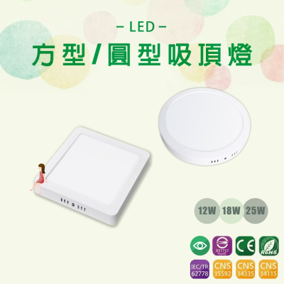 台灣品牌 LED吸頂燈 北歐簡約 方形 圓形 12W 18W 24W 臥室 走道 玄關燈 小面板吸頂燈 保固兩年 薄型