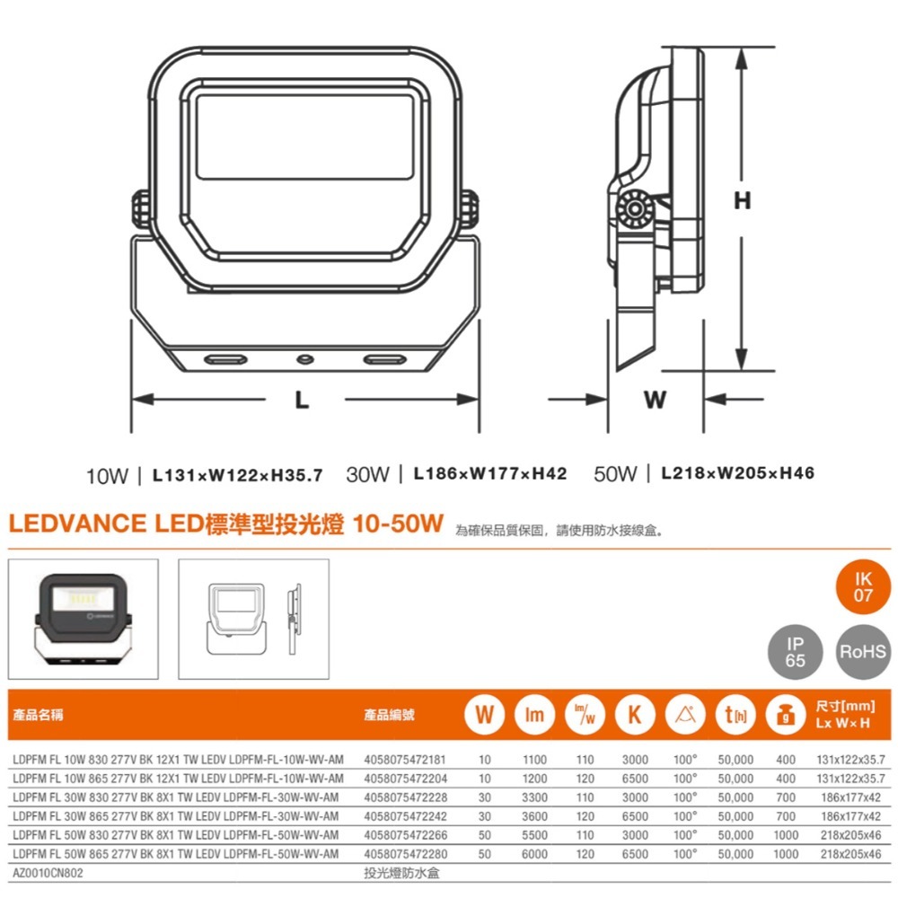 歐司朗 OSRAM 朗德萬斯 LED投光燈 戶外投光燈 泛光型 10W 30W 50W IP65 黃光 白光-細節圖10