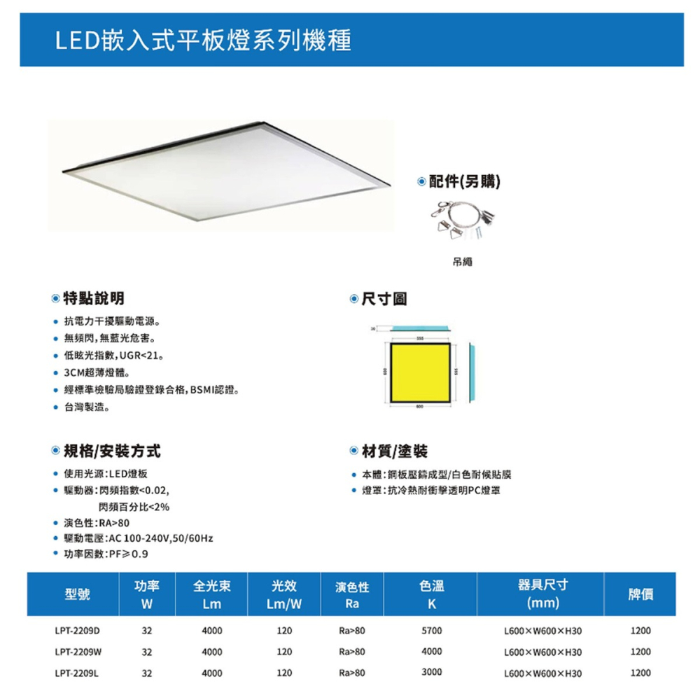 【東亞】LED 平板燈 40W 32W 輕鋼架燈具 T-BAR燈 無藍光 CNS認證 LPT-2405 2209 台製-細節圖6