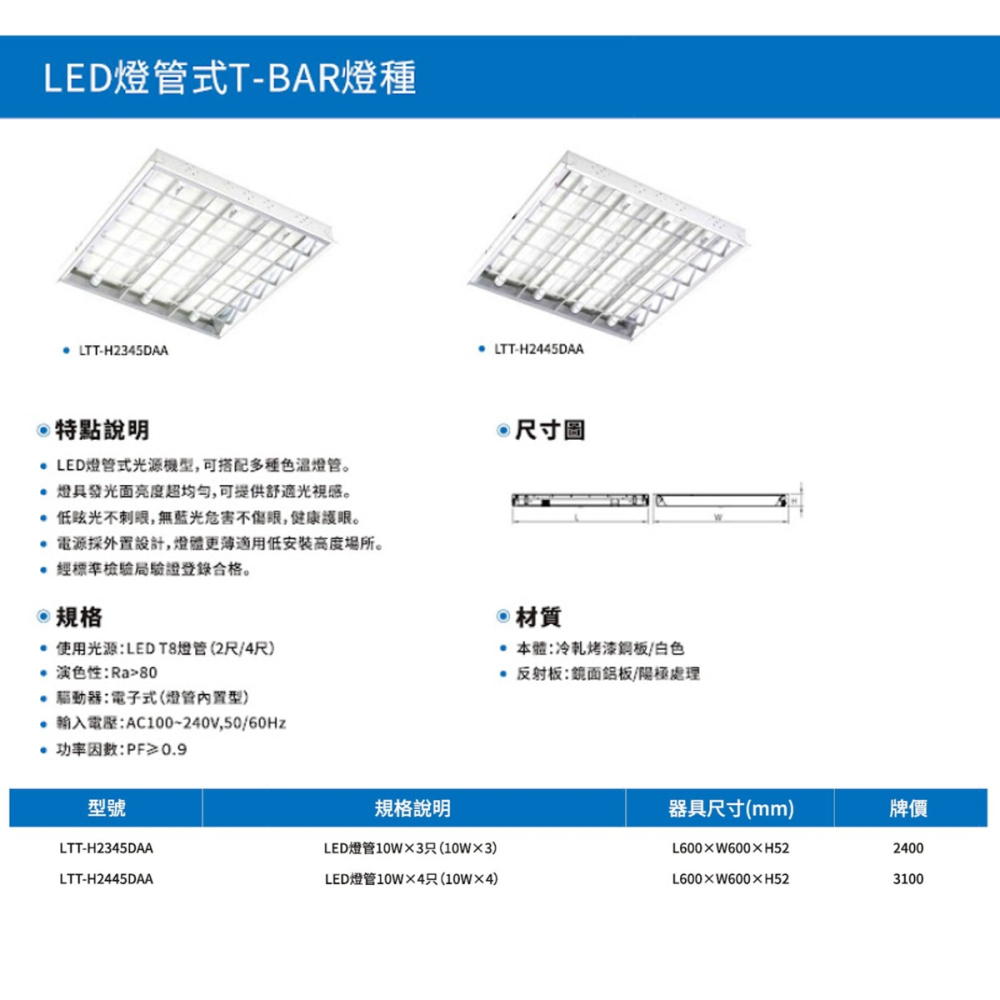 【東亞】T8 LED 2尺X2尺輕鋼架燈 2尺3管 2尺4管 LTTH-2445AA  LTTH-2345AA-細節圖3