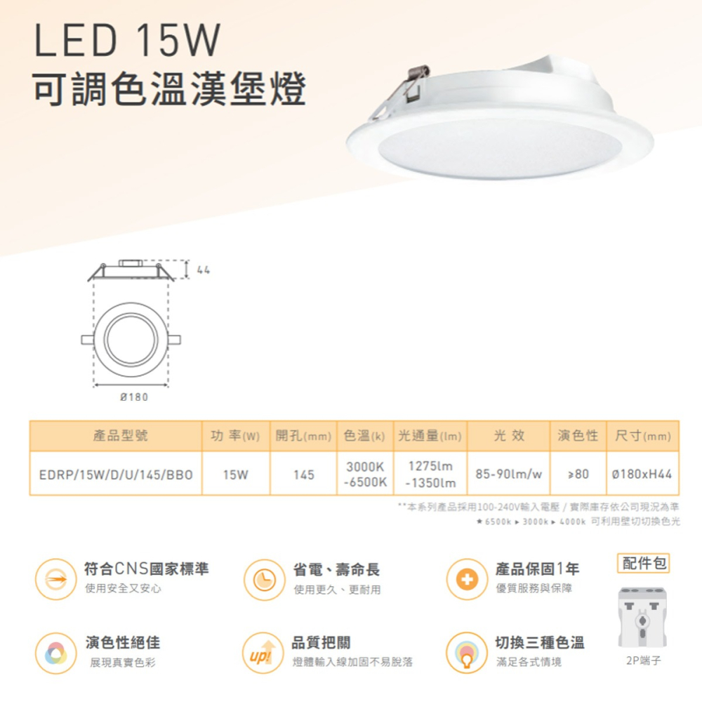 【旭光】LED崁燈 壁切 三段變色 15W 全電壓 15cm 15公分 崁燈 LED崁燈 漢堡燈 三色崁燈 CNS認證-細節圖6
