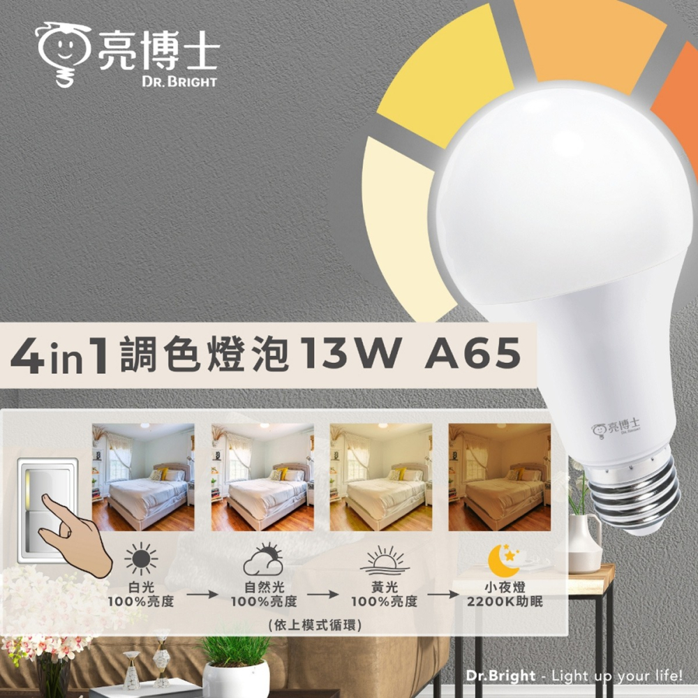 【亮博士】LED調色燈泡 13W 壁切四段燈泡 全電壓 高亮度 LED燈泡 四合一 白光/自然光/黃光/助眠夜燈-細節圖3