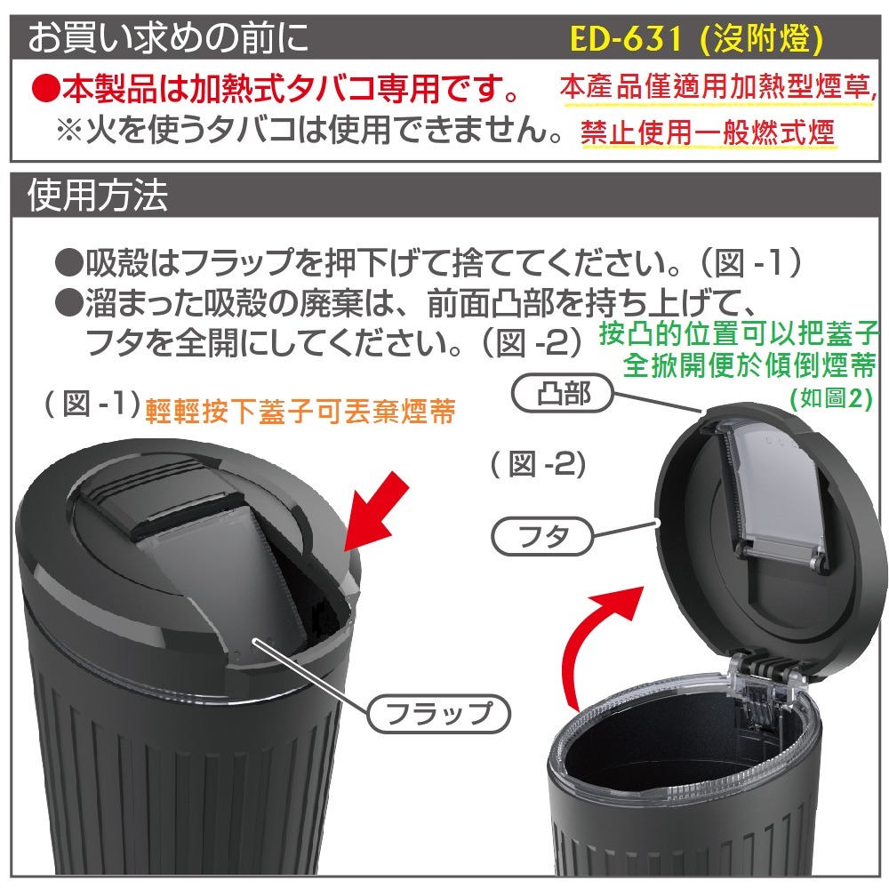 毛毛家 ~ 日本精品 SEIKOSANGYO ED-631 沒附燈款 加熱煙專用 車用煙灰缸 車用菸灰缸-細節圖6