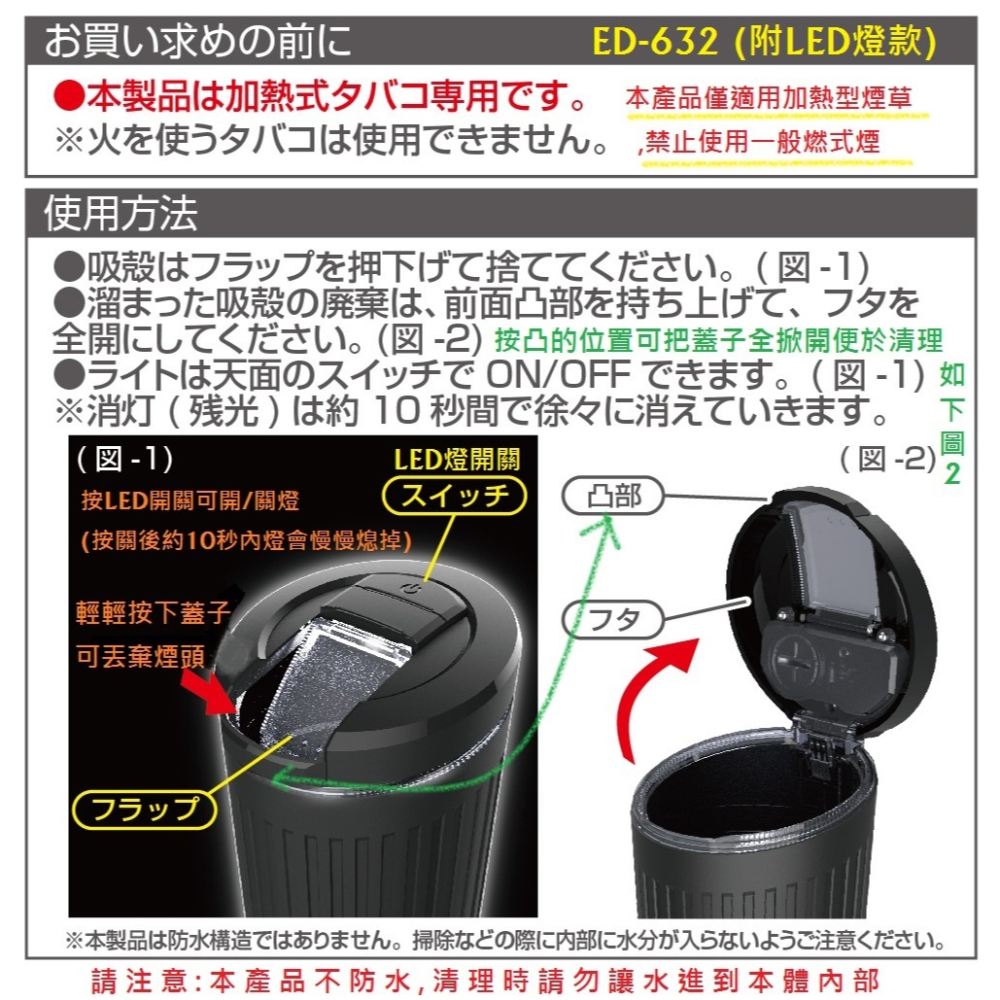 毛毛家 ~ 日本精品 SEIKOSANGYO ED-632 附白色LED燈款 加熱煙專用 車用煙灰缸 車用菸灰缸-細節圖7