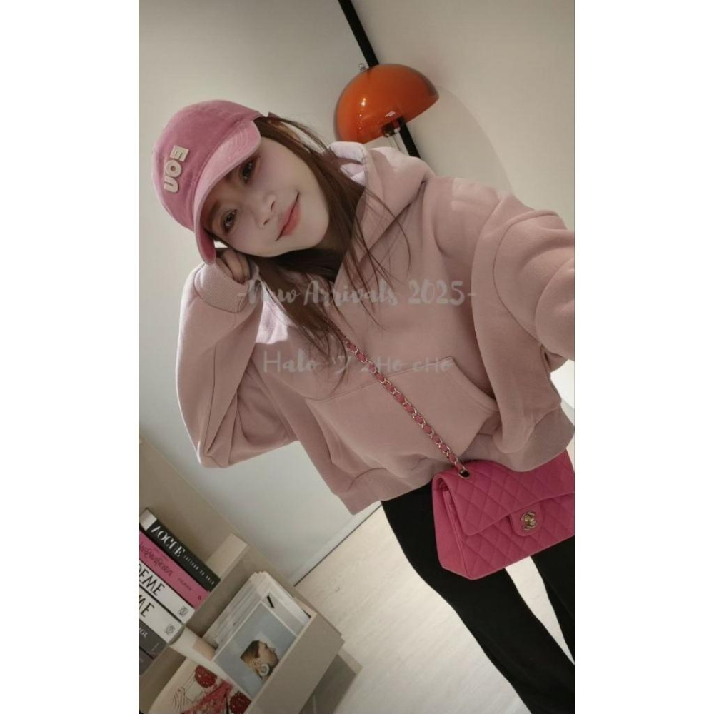 💗現貨短款粉、紅/長款紅、綠+預購💗6591/7031左左家情侶裝標籤刷毛帽T長版帽T/刷毛短版帽T上衣下半身失蹤閨蜜裝-細節圖2