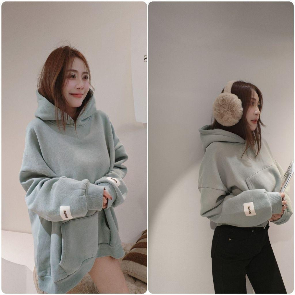 💗現貨短款粉、紅/長款紅、綠+預購💗6591/7031左左家情侶裝標籤刷毛帽T長版帽T/刷毛短版帽T上衣下半身失蹤閨蜜裝-細節圖4