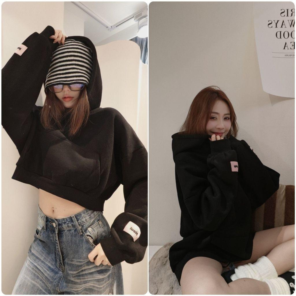 💗現貨短款粉、紅/長款紅、綠+預購💗6591/7031左左家情侶裝標籤刷毛帽T長版帽T/刷毛短版帽T上衣下半身失蹤閨蜜裝-細節圖5