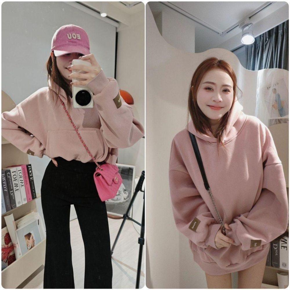 💗現貨短款粉、紅/長款紅、綠+預購💗6591/7031左左家情侶裝標籤刷毛帽T長版帽T/刷毛短版帽T上衣下半身失蹤閨蜜裝-細節圖6