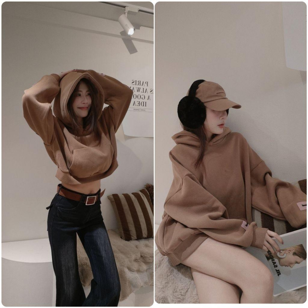 💗現貨短款粉、紅/長款紅、綠+預購💗6591/7031左左家情侶裝標籤刷毛帽T長版帽T/刷毛短版帽T上衣下半身失蹤閨蜜裝-細節圖7