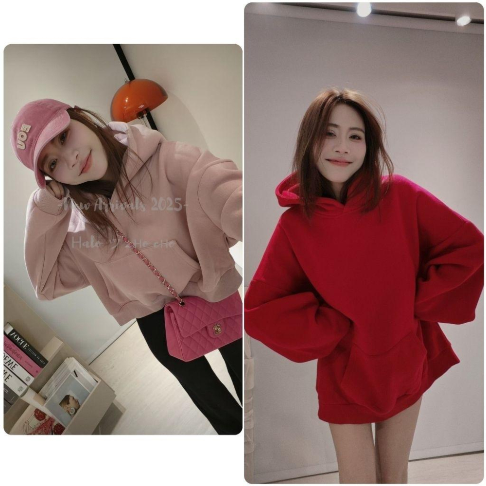 💗現貨短款粉、紅/長款紅、綠+預購💗6591/7031左左家情侶裝標籤刷毛帽T長版帽T/刷毛短版帽T上衣下半身失蹤閨蜜裝-細節圖9
