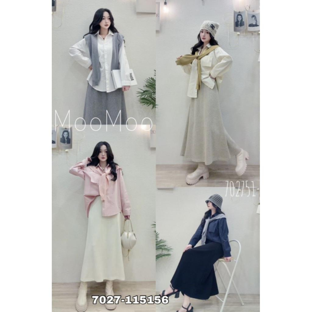 💗現貨白/卡/粉💗獨家7027好感配色披肩襯衫+薄料磨毛長裙鬆緊腰圍長裙兩件式套裝襯衫套裝-細節圖2