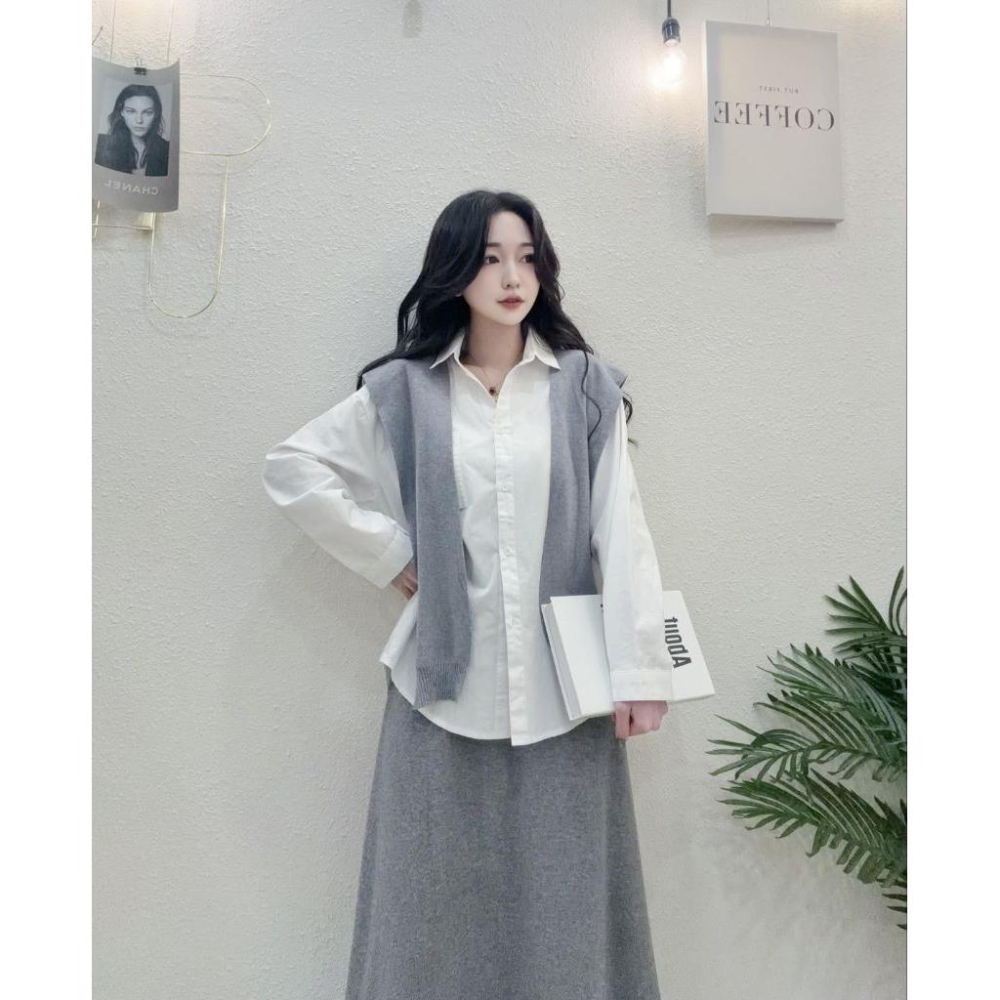 💗現貨白/卡/粉💗獨家7027好感配色披肩襯衫+薄料磨毛長裙鬆緊腰圍長裙兩件式套裝襯衫套裝-細節圖6