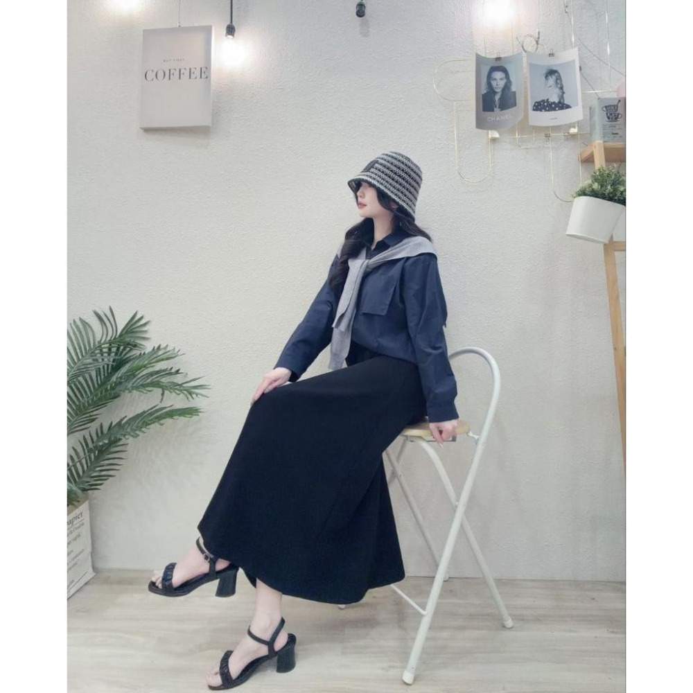 💗現貨白/卡/粉💗獨家7027好感配色披肩襯衫+薄料磨毛長裙鬆緊腰圍長裙兩件式套裝襯衫套裝-細節圖7