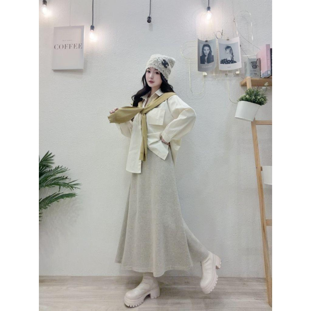 💗現貨白/卡/粉💗獨家7027好感配色披肩襯衫+薄料磨毛長裙鬆緊腰圍長裙兩件式套裝襯衫套裝-細節圖8