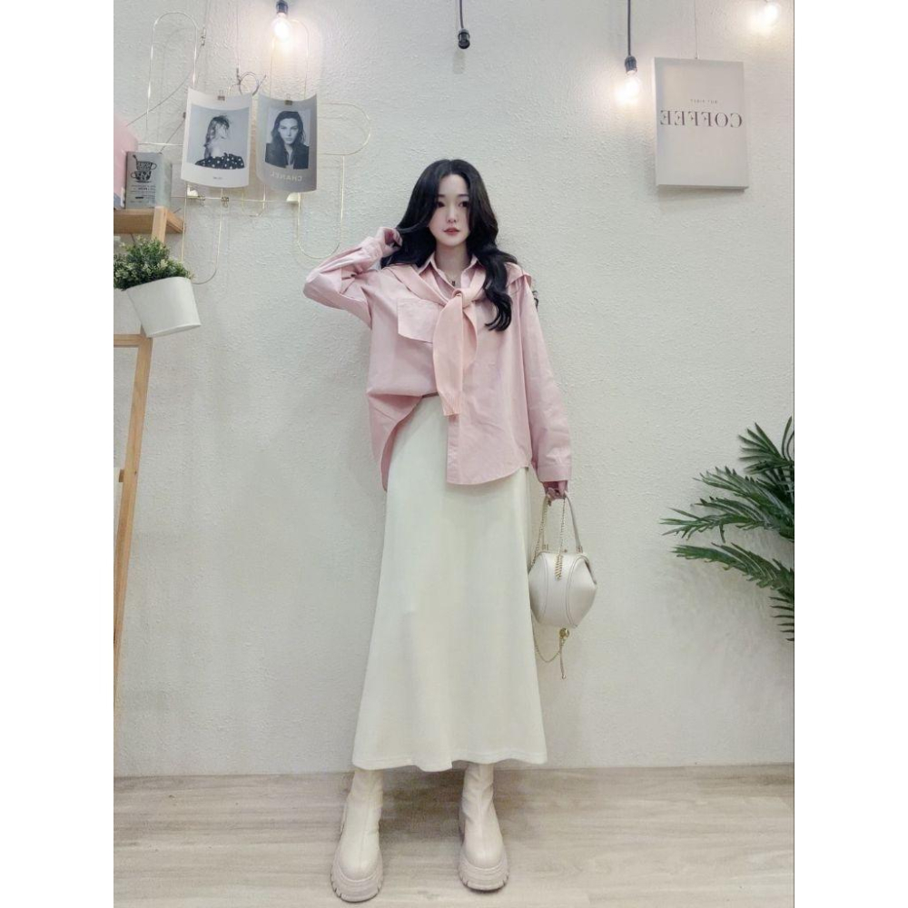💗現貨白/卡/粉💗獨家7027好感配色披肩襯衫+薄料磨毛長裙鬆緊腰圍長裙兩件式套裝襯衫套裝-細節圖9
