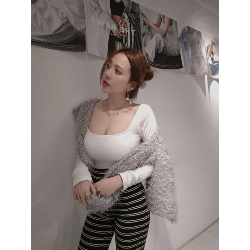 💗現貨奶茶/紫💗5980左左家獨家自訂前後U領發熱衣短版上衣極度性感方領美背發熱衣-細節圖4