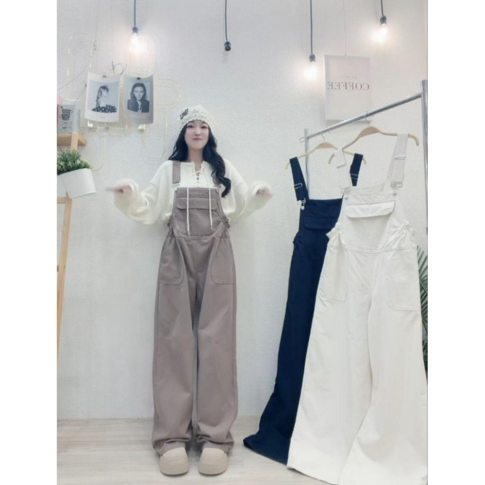 💗現貨藍/卡💗9827慵懶吊帶褲吊帶縮腰連身褲落地寬褲落地吊帶褲-細節圖2