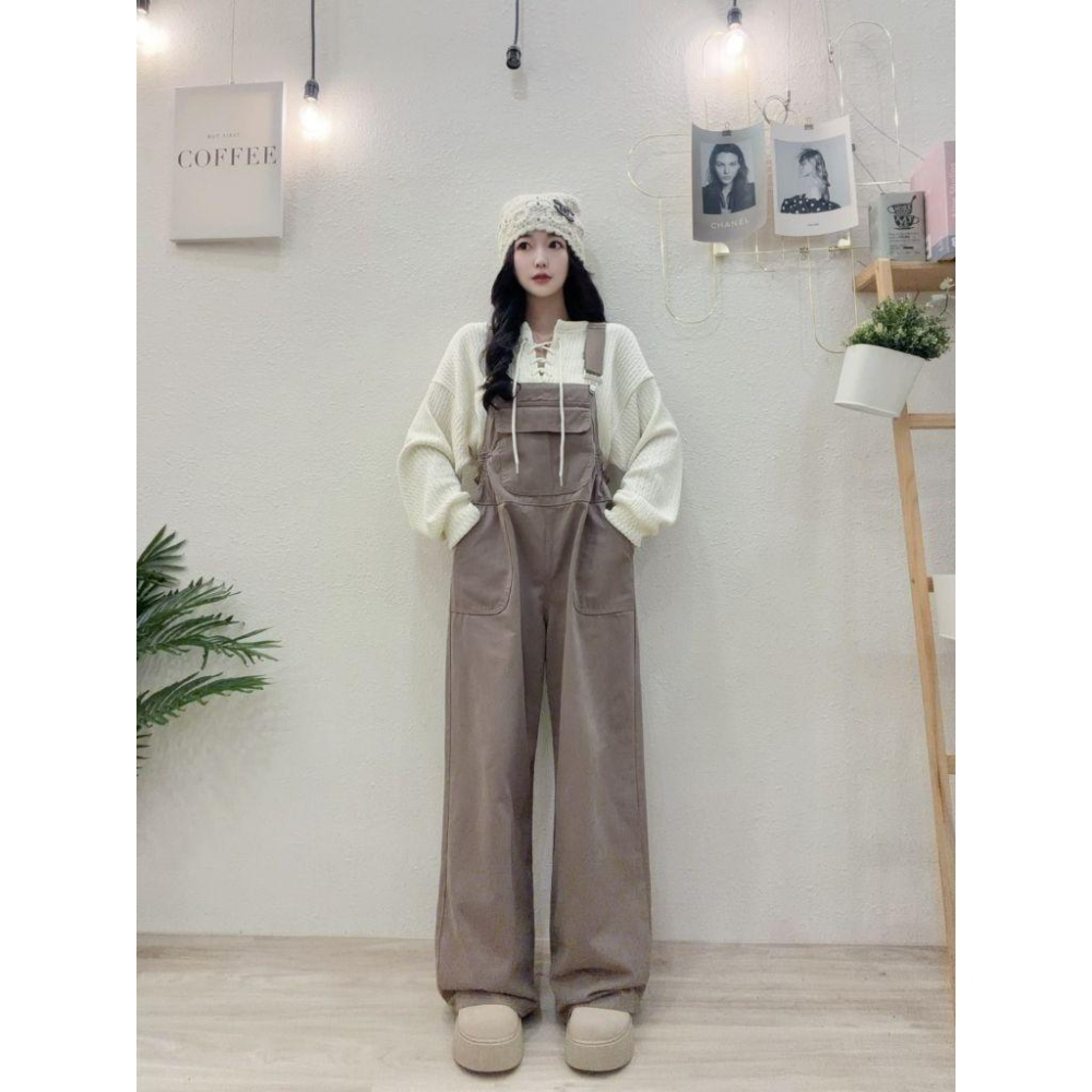 💗現貨藍/卡💗9827慵懶吊帶褲吊帶縮腰連身褲落地寬褲落地吊帶褲-細節圖4