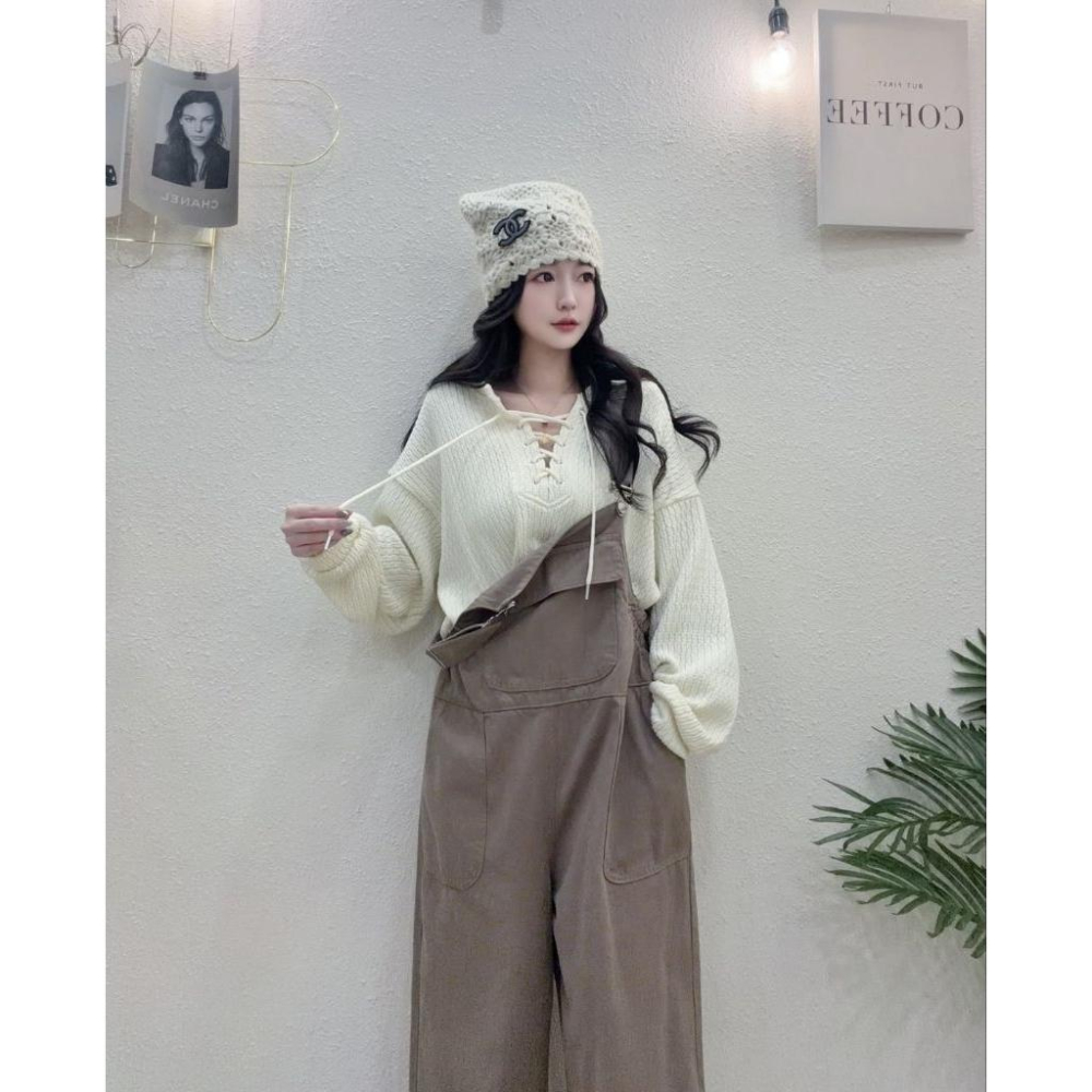 💗現貨藍/卡💗9827慵懶吊帶褲吊帶縮腰連身褲落地寬褲落地吊帶褲-細節圖5