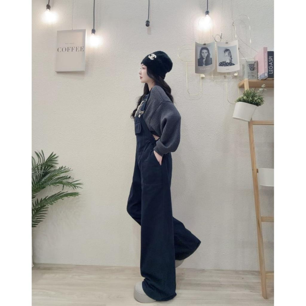 💗現貨藍/卡💗9827慵懶吊帶褲吊帶縮腰連身褲落地寬褲落地吊帶褲-細節圖6