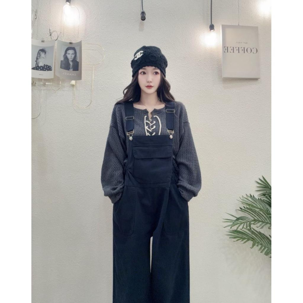 💗現貨藍/卡💗9827慵懶吊帶褲吊帶縮腰連身褲落地寬褲落地吊帶褲-細節圖7