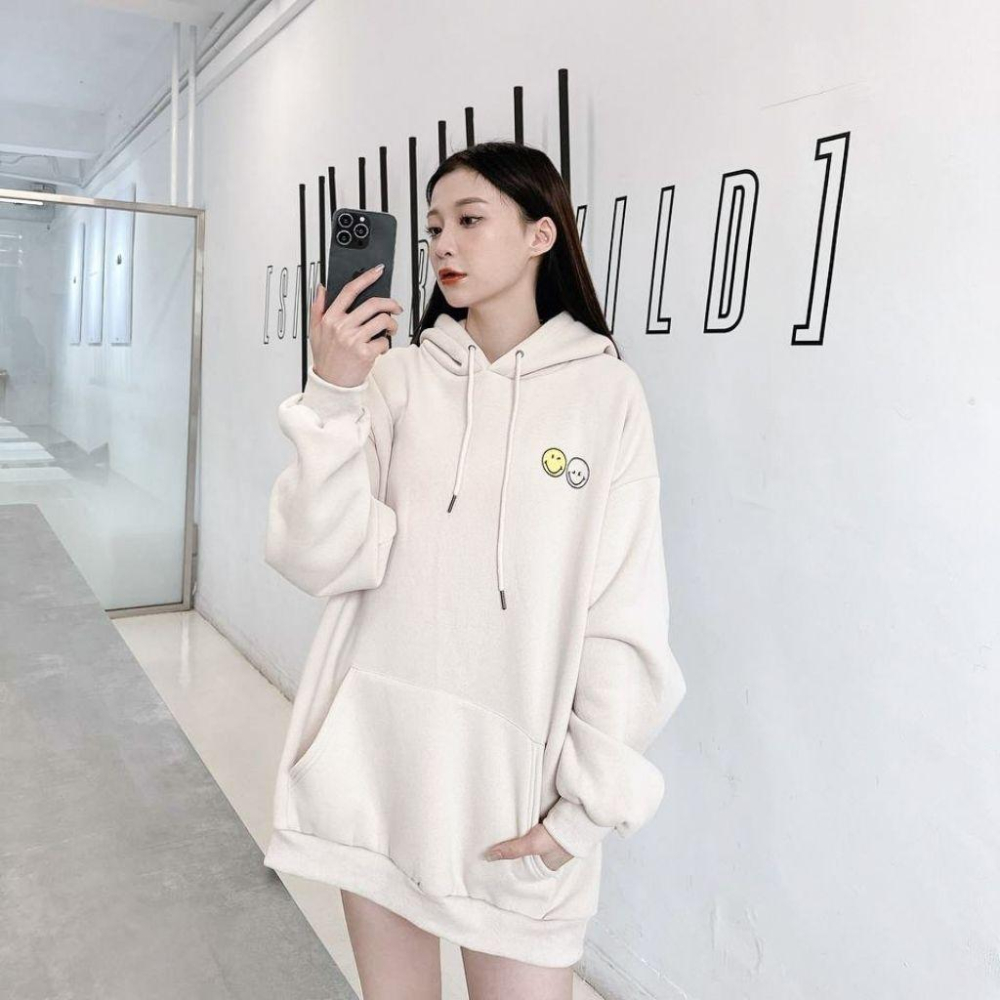 💗現貨杏M💗98130反差笑臉帽T厚磅刷毛帽T-細節圖3