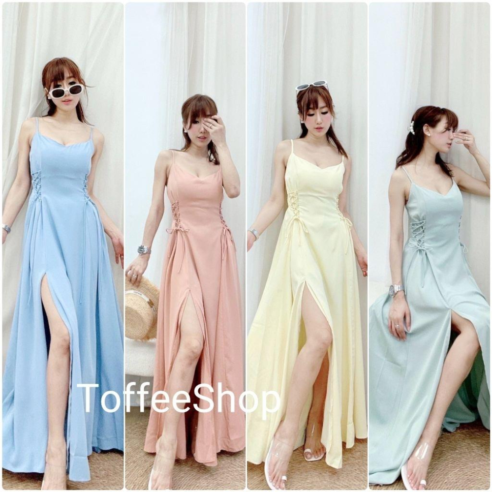 💗現貨黃/白/粉/綠💗✨獨家✨#11532 V領瘦身綁繩開衩長洋渡假長洋裝女神長洋細肩帶長洋裝-細節圖5