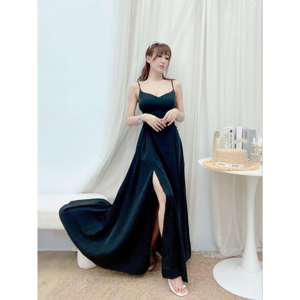 💗現貨黃/白/粉/綠💗✨獨家✨#11532 V領瘦身綁繩開衩長洋渡假長洋裝女神長洋細肩帶長洋裝-細節圖6