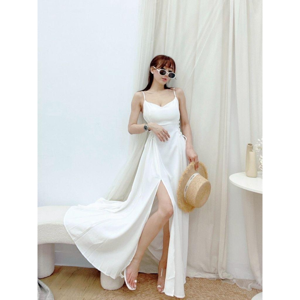 💗現貨黃/白/粉/綠💗✨獨家✨#11532 V領瘦身綁繩開衩長洋渡假長洋裝女神長洋細肩帶長洋裝-細節圖7