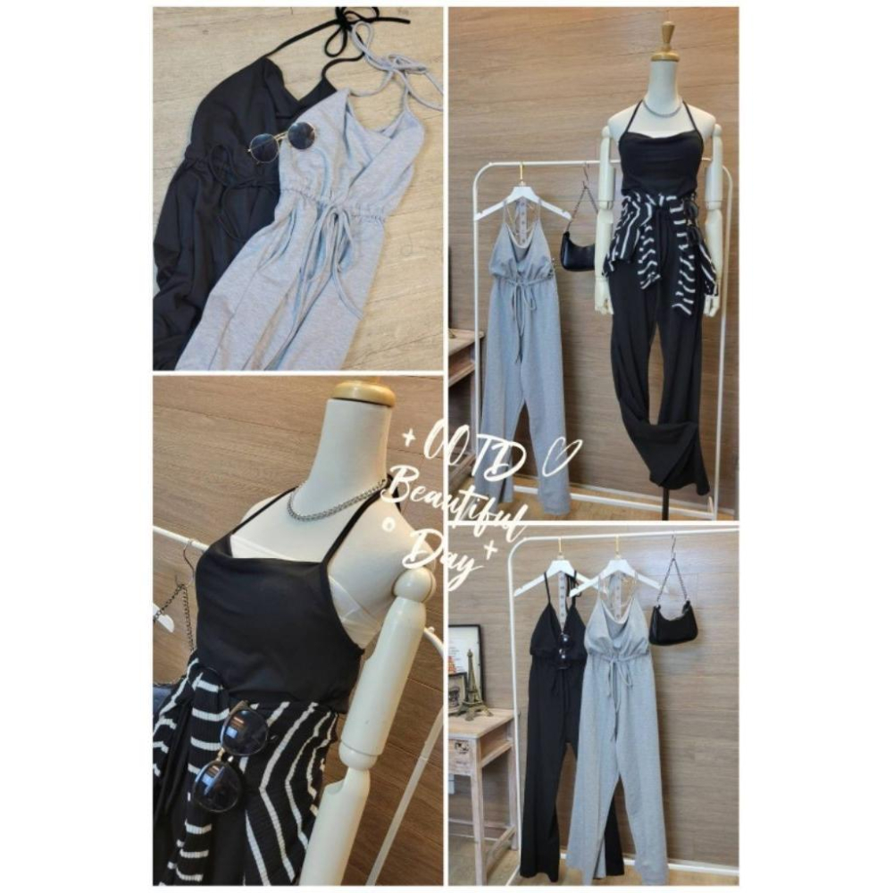 💗現貨黑/灰💗6712四季可穿簡約慵懶棉質吊帶長褲吊帶褲吊帶寬褲連身褲-細節圖4