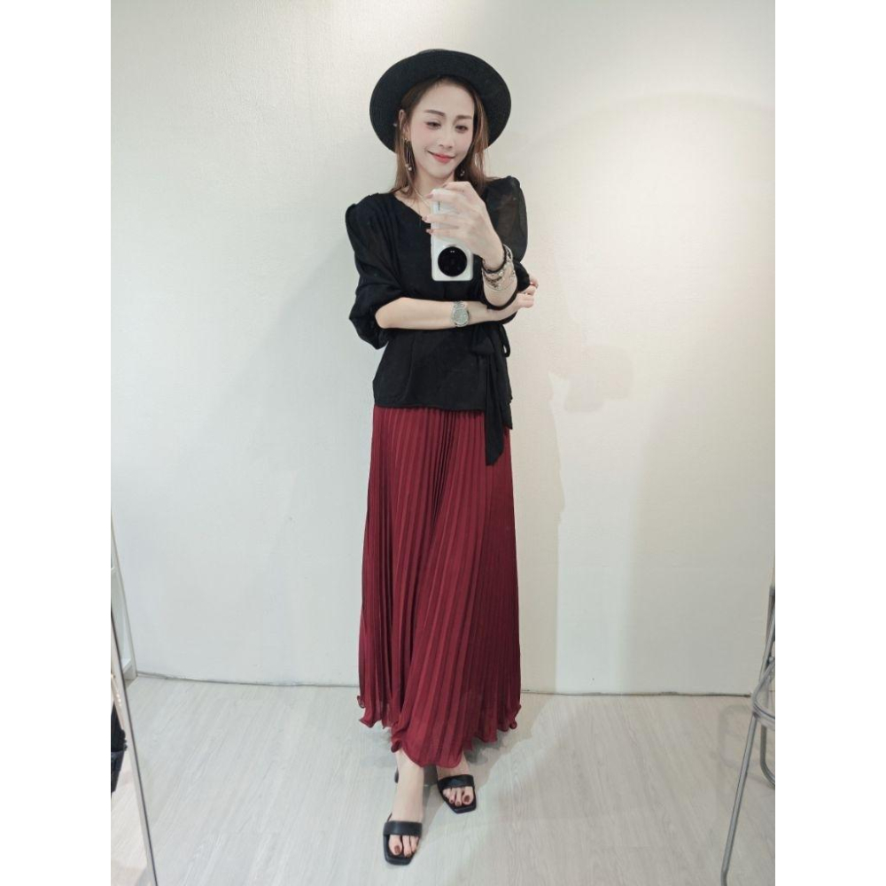 ❤️現貨黑/紅/灰❤️9803輕飄飄落地百摺裙百摺長裙法式長裙氣質長裙-細節圖3