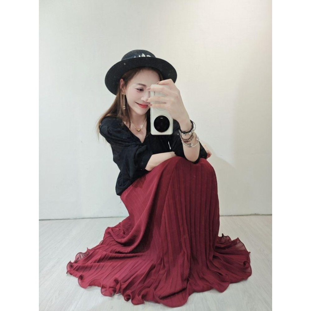 ❤️現貨黑/紅/灰❤️9803輕飄飄落地百摺裙百摺長裙法式長裙氣質長裙-細節圖4
