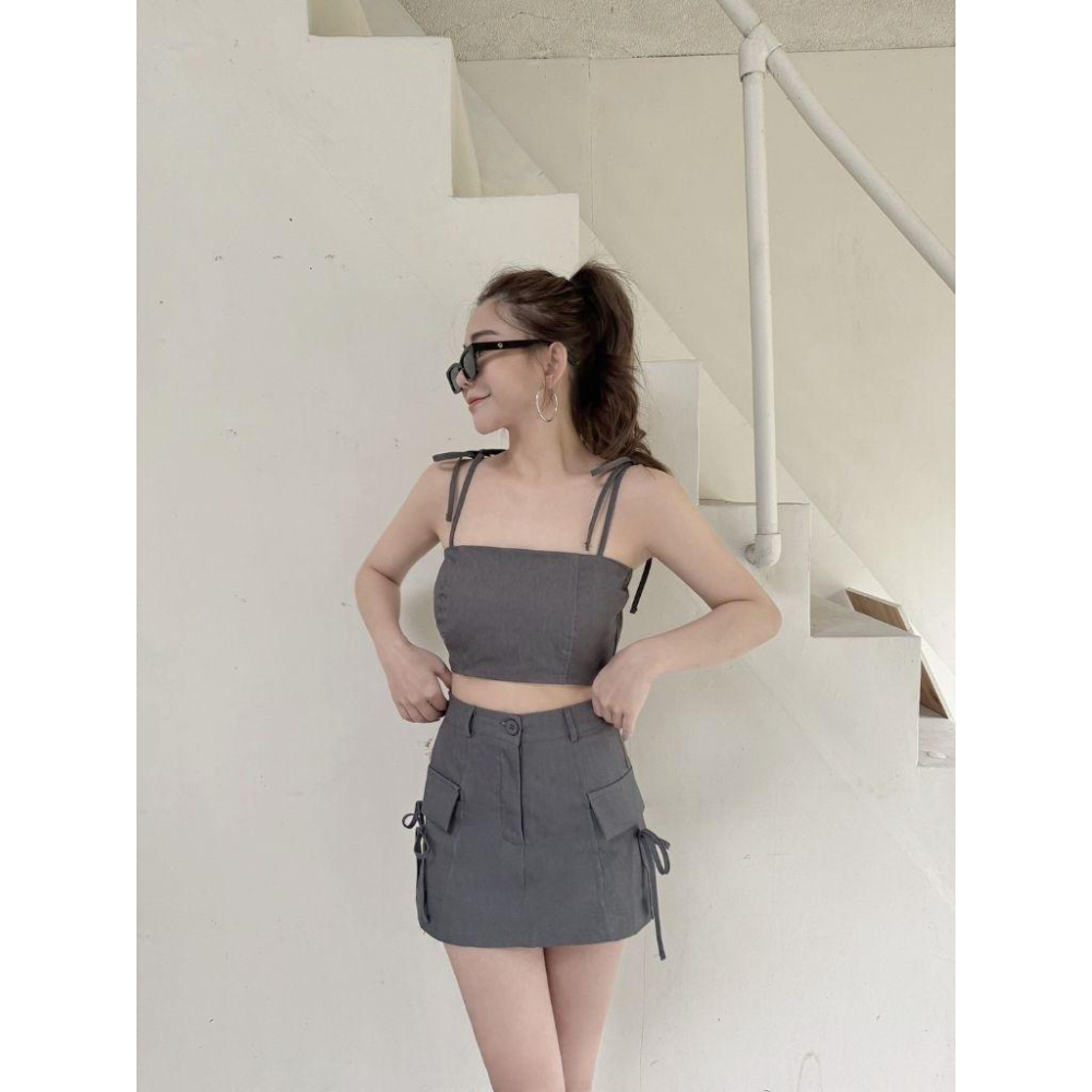 ❤️現貨藍/灰❤️7206細肩帶背心綁帶背心上衣+工裝短裙褲裙兩件式套裝-細節圖2