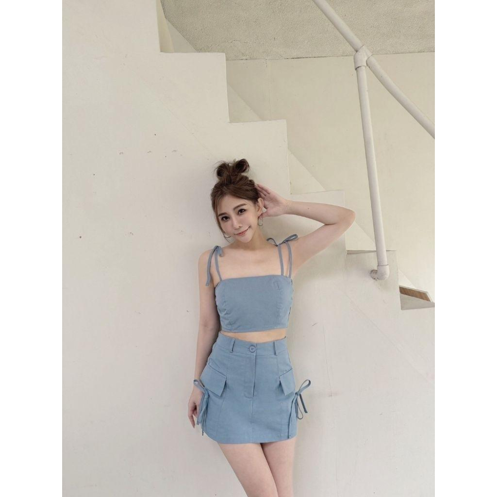 ❤️現貨藍/灰❤️7206細肩帶背心綁帶背心上衣+工裝短裙褲裙兩件式套裝-細節圖3