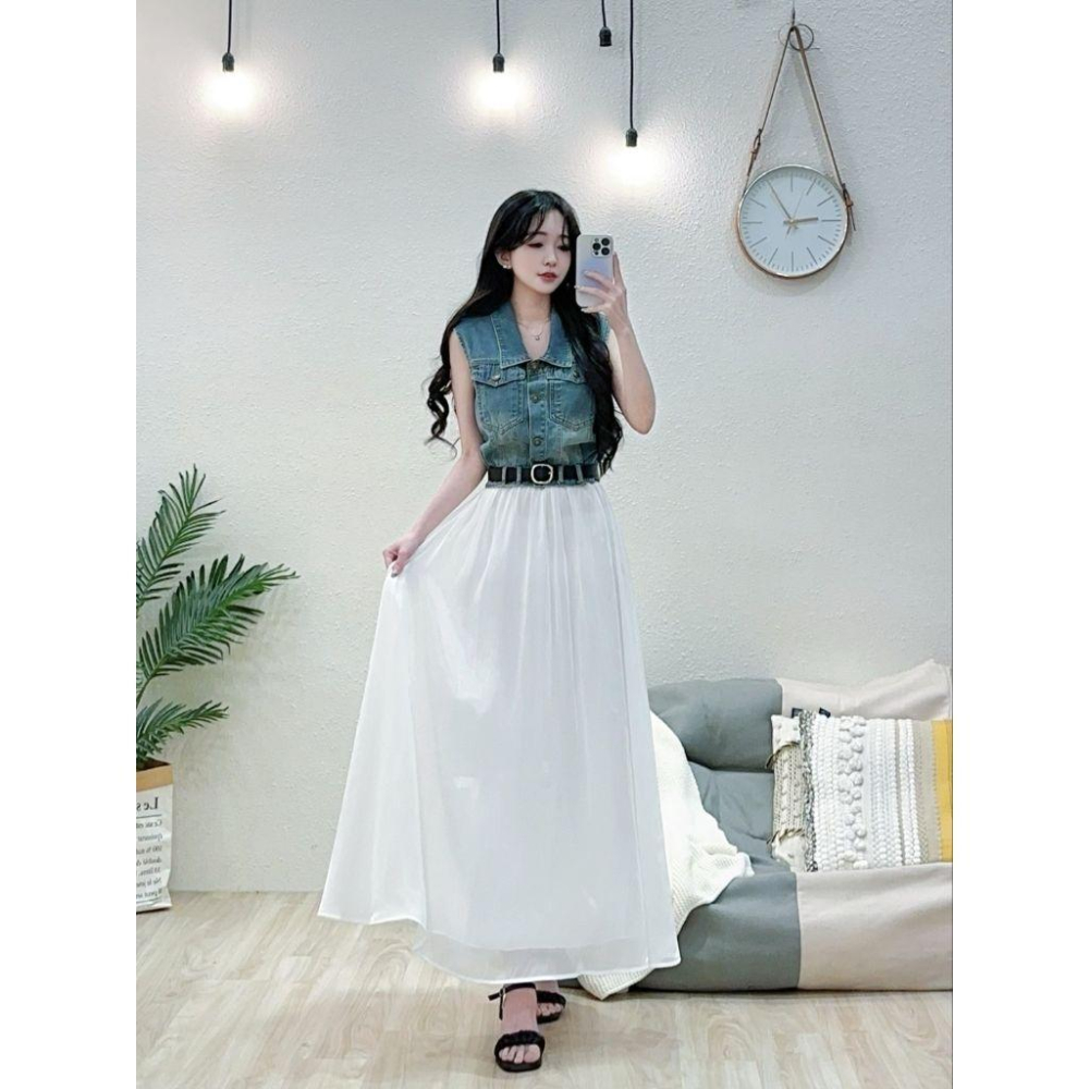 ❤️現貨白❤️6833不敗牛仔背心+腰帶紗裙半身裙套裝三件式套裝-細節圖3