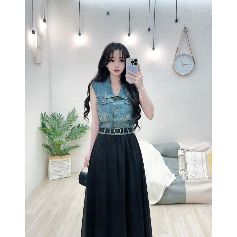 ❤️現貨白❤️6833不敗牛仔背心+腰帶紗裙半身裙套裝三件式套裝-細節圖4