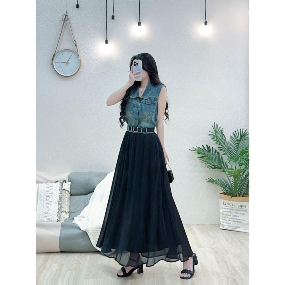 ❤️現貨白❤️6833不敗牛仔背心+腰帶紗裙半身裙套裝三件式套裝-細節圖5