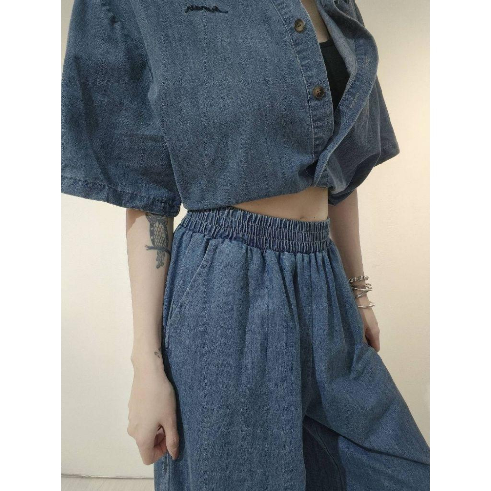 💗現貨淺💗5160口袋丹寧寬褲鬆緊腰圍寬褲牛仔寬褲-細節圖3