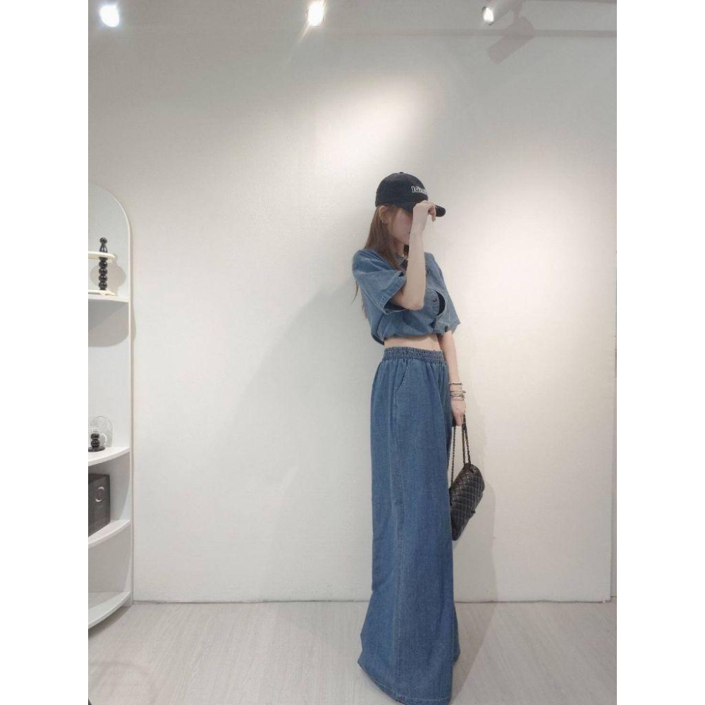 💗現貨淺💗5160口袋丹寧寬褲鬆緊腰圍寬褲牛仔寬褲-細節圖5