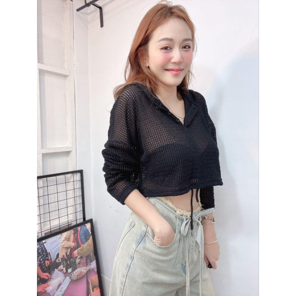 💗現貨黑/白/杏💗870連帽洞洞上衣罩衫-細節圖3