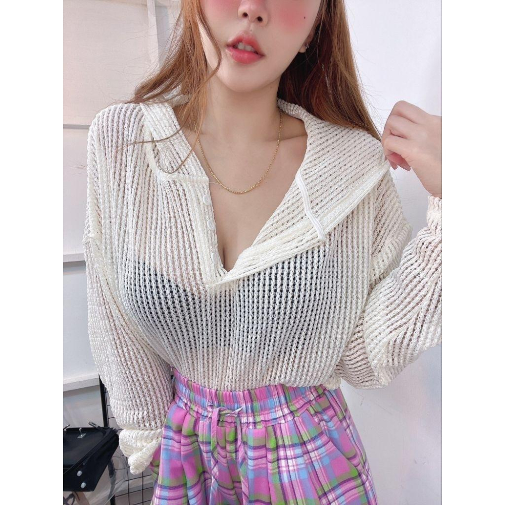 💗現貨黑/白/杏💗870連帽洞洞上衣罩衫-細節圖6