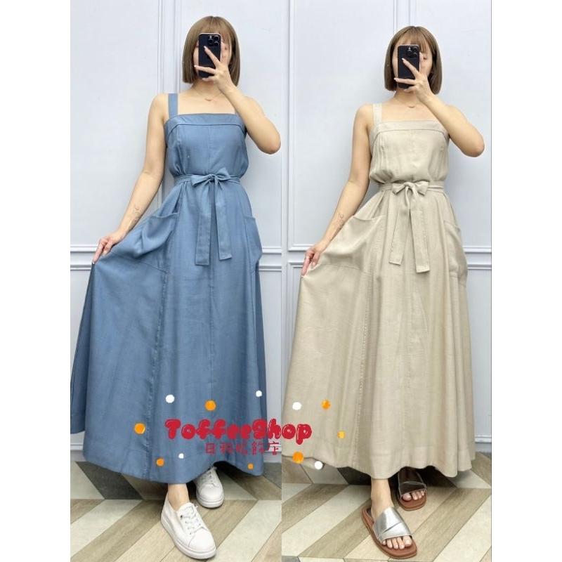 💗現貨藍/卡💗#24152獨家設計後背鬆緊設計A字亞麻長洋大尺碼洋裝大口袋長洋裝棉麻長洋裝背心長洋裝傘擺長洋裝-細節圖2