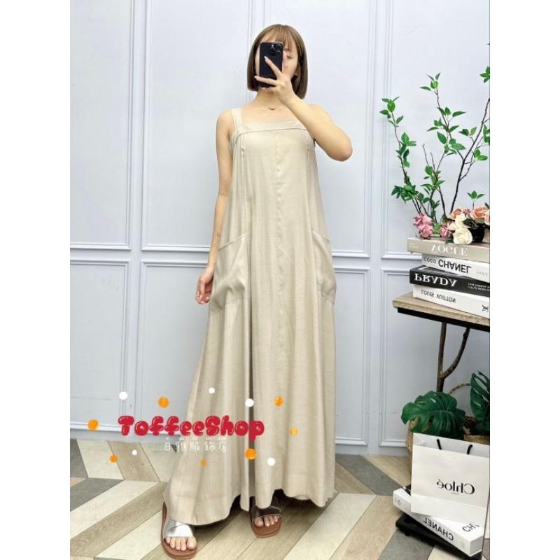 💗現貨藍/卡💗#24152獨家設計後背鬆緊設計A字亞麻長洋大尺碼洋裝大口袋長洋裝棉麻長洋裝背心長洋裝傘擺長洋裝-細節圖5