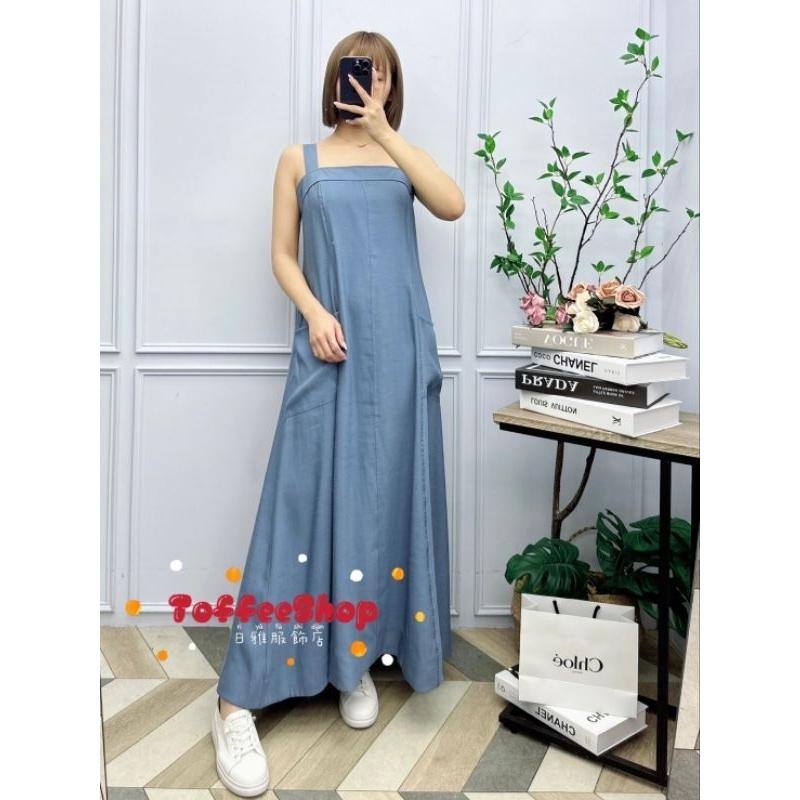💗現貨藍/卡💗#24152獨家設計後背鬆緊設計A字亞麻長洋大尺碼洋裝大口袋長洋裝棉麻長洋裝背心長洋裝傘擺長洋裝-細節圖6