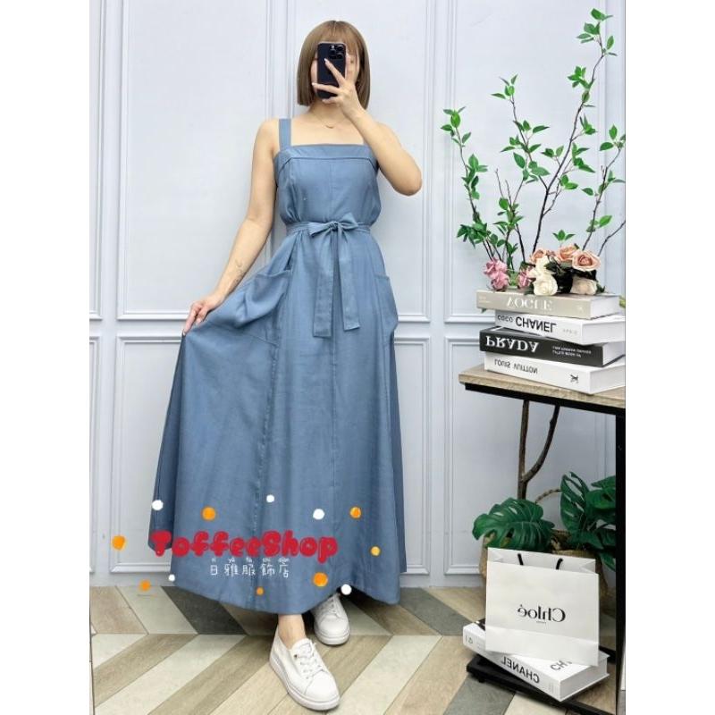 💗現貨藍/卡💗#24152獨家設計後背鬆緊設計A字亞麻長洋大尺碼洋裝大口袋長洋裝棉麻長洋裝背心長洋裝傘擺長洋裝-細節圖8