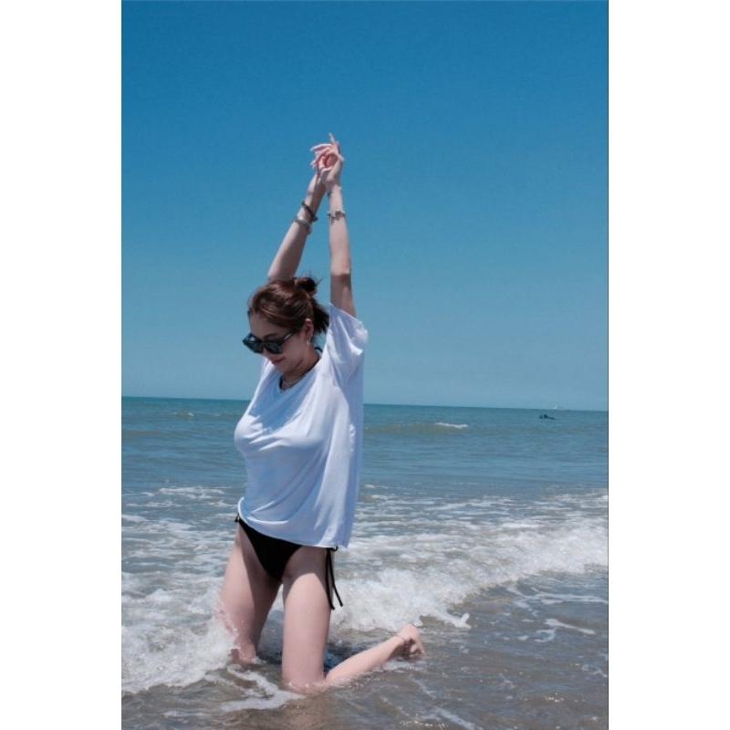 💗現貨黑/白/灰💗5887獨家訂製慵懶大T圓領寬鬆上衣大T恤長版T素T海邊穿搭比基尼穿搭日常穿搭-細節圖2