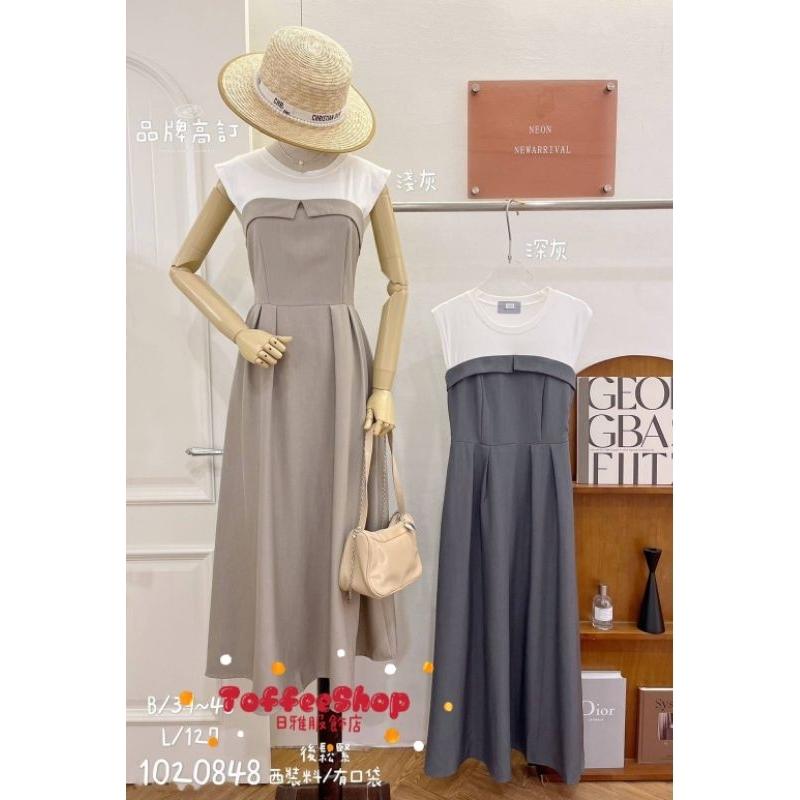 💗現貨深灰/卡💗正韓10208品牌高訂高質感拼接西裝料長洋裝氣質長洋裝約會長洋裝-細節圖2