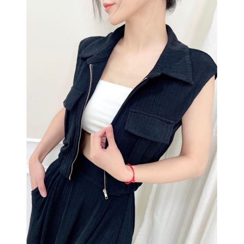 💗現貨藍/粉/卡/水藍💗11412壓紋工裝縮腰背心上衣+大擺側開岔長裙兩件式套裝工裝套裝-細節圖7