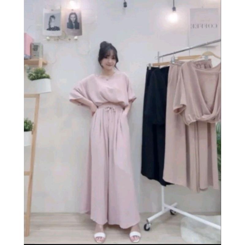 💗現貨粉💗110833棉麻料質感飄逸感美背上衣+垂墜傘擺寬褲裙兩件式套裝set約會套裝渡假套裝-細節圖3